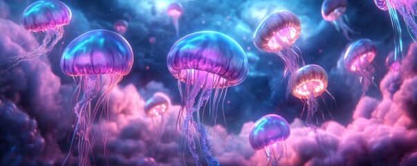 Obraz premium A vibrant sky teeming with floating jellyfish-like creatures glowing in radiant colors