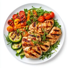 A top view of a plate containing grilled chicken breasts garnished with parsley, alongside sliced grilled tomatoes and cucumbers on a white background