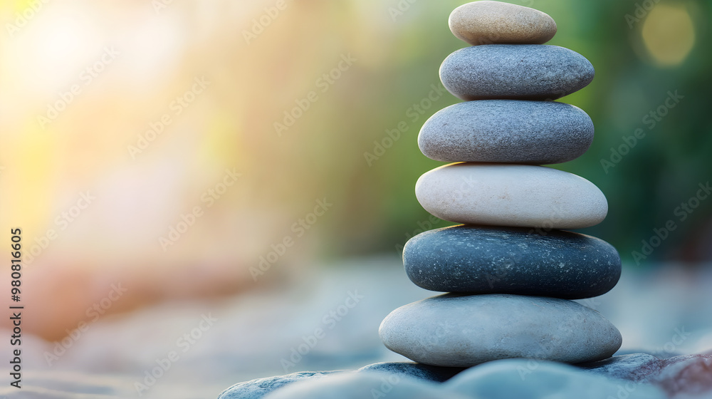Poster a stack of smooth stones balanced perfectly, representing tranquility and harmony in nature with a s