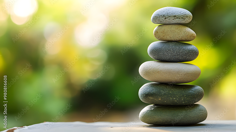 Poster a stack of smooth stones balances gracefully on top of each other with a soft blurred background cre