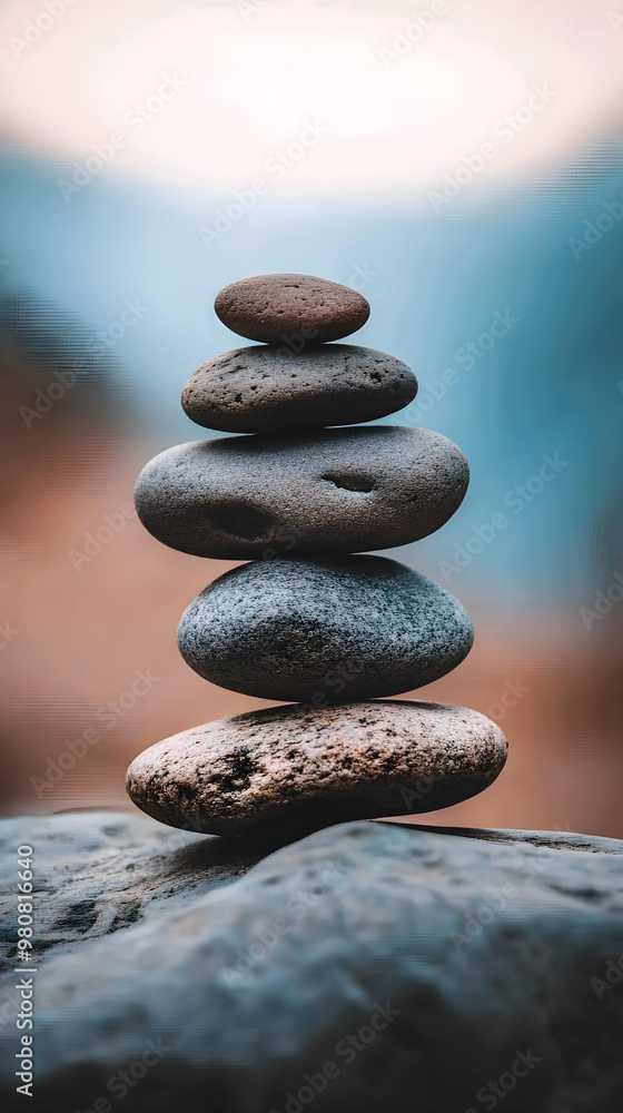 Poster a stack of smooth stones balanced on top of each other creates a serene and calming scene against a 