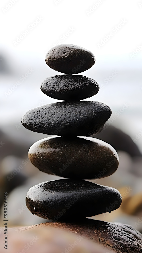 Poster a stack of smooth stones balancing gracefully on top of each other against a soft beach background r