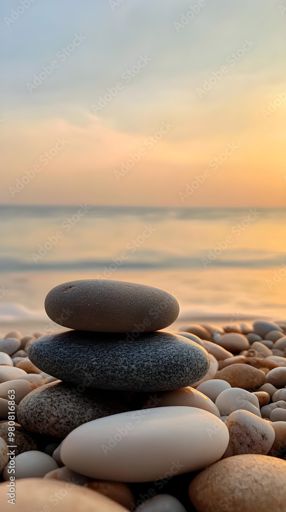 Poster a tranquil beach scene features smooth pebbles stacked gently against a backdrop of soft waves and a