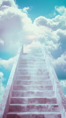 A staircase leads up into the sky against a backdrop of fluffy clouds symbolizing aspiration and dreams