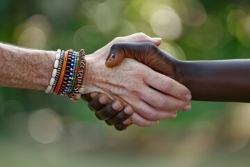 Close-up handshake between two people wearing colorful bracelets. Symbol of friendship and cooperation.