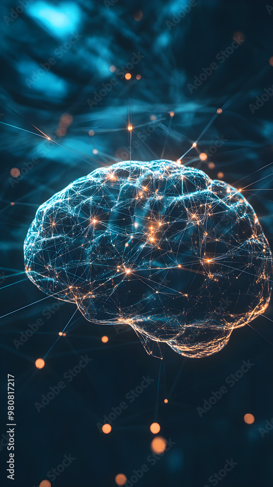 Poster abstract glowing lines connect to form a brain, showcasing neural connections and technology's influ