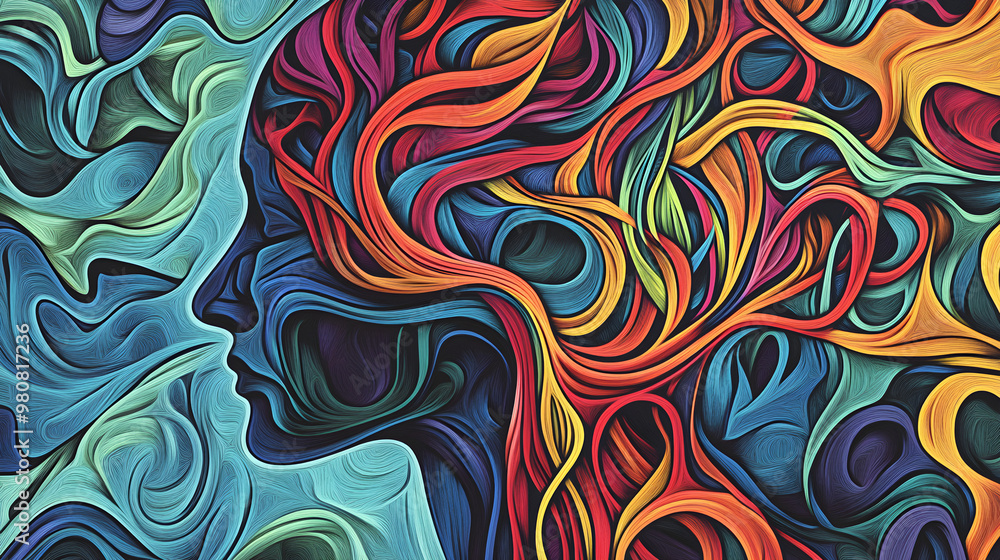 Poster abstract representation of a mind filled with colorful tangled patterns, symbolizing creativity, tho