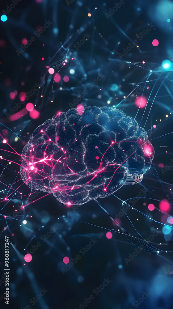 Aufkleber abstract glowing lines connect to form a brain shape, illustrating the concept of neural networks an