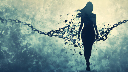 A woman walks forward, breaking free from chains, symbolizing liberation and strength with a dreamy, ethereal atmosphere