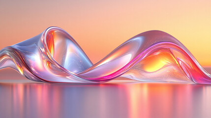 A beautiful abstract wave of translucent glass, reflecting colors of sunset, creating a serene and artistic atmosphere.