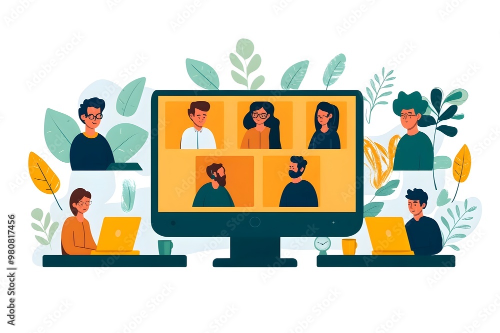 Poster video conference landing with people collaborating on computer screen in videoconferencing workspace