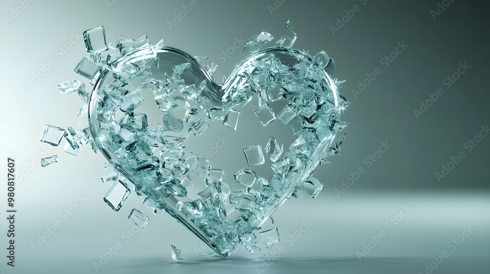 Poster broken glass pieces assemble to form a heart shape, creating a striking visual of fragility and beau