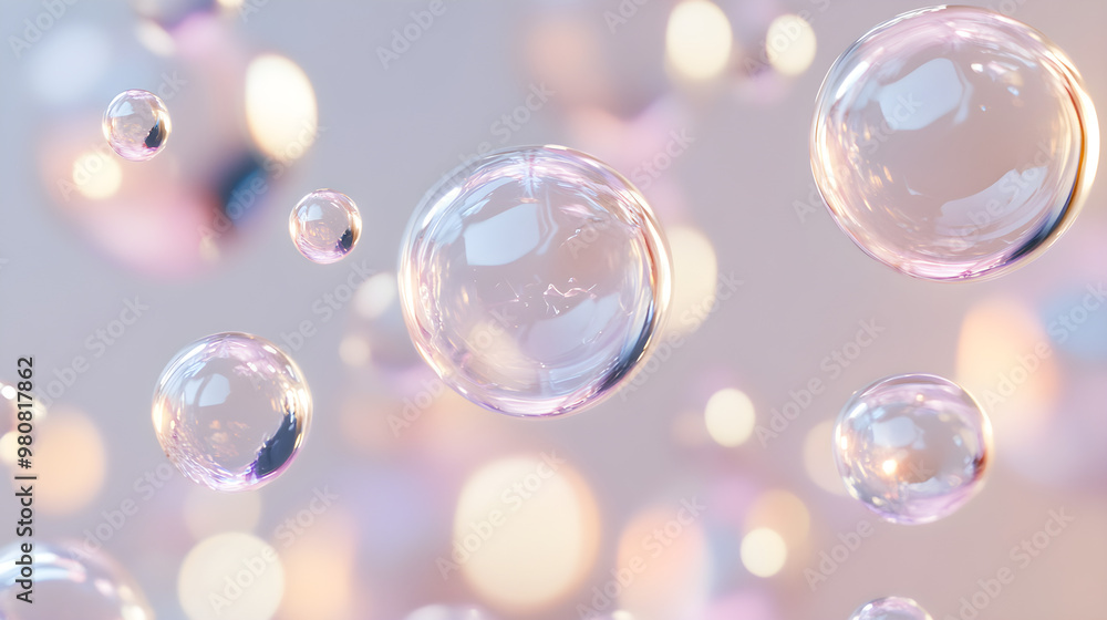 Poster floating bubbles create a minimalistic and abstract atmosphere, reflecting light and colors, evoking