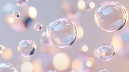 Naklejka premium Floating bubbles create a minimalistic and abstract atmosphere, reflecting light and colors, evoking a sense of serenity and elegance