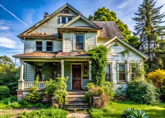 Naklejka premium A worn but charming suburban home with peeling paint, overgrown gardens, and outdated fixtures, hiding its potential