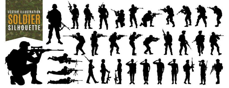 Black silhouette of american army soldier, veteran and military man with gun rifle or weapon isolated on white background. Salute soldier or usa army silhouette art for memorial day or fourth of july.