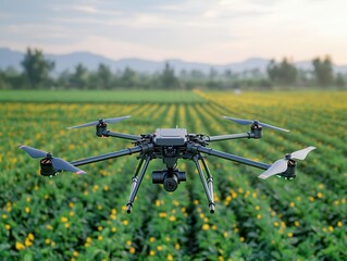 Illustrate a CG 3D image of a drone conducting precision farming in an aerial view of a high-tech agricultural field