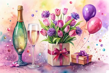 Obraz premium Vibrant watercolor background features an isolated bouquet of purple flowers, champagne bottle, and balloons amidst confetti, pink gift box, and painted wine glasses with festive shadows.