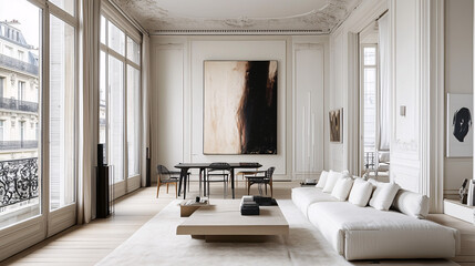 An editorial-style Parisian apartment with high ceilings, floor-to-ceiling windows, minimalist furniture, and a striking art piece on display, exuding effortless cool