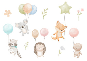 Cute baby fox, koala and bear are flying with balloons. Watercolor animals, flowers and leaves. Hand drawn illustrations set © Elena