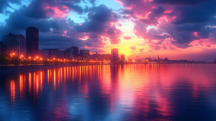 City Skyline Reflection in Water with Dramatic Sunset Clouds Illustration
