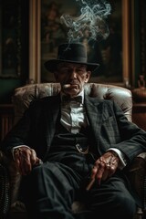 Elderly gentleman in a classic suit, smoking a cigar and relaxing in an armchair in a vintage room while exuding timeless elegance and wisdom