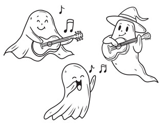 Hand drawn vector set of cute music ghosts is playing guitar singing with musical notes, in black isolated on white. Sketch illustration in doodle engraved vintage line art style. Happy Halloween