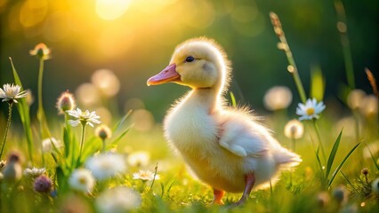 Fototapeta premium Adorable white duckling waddles alone on a sunny green meadow, feathers fluffed, beak tilted, surrounded by vibrant