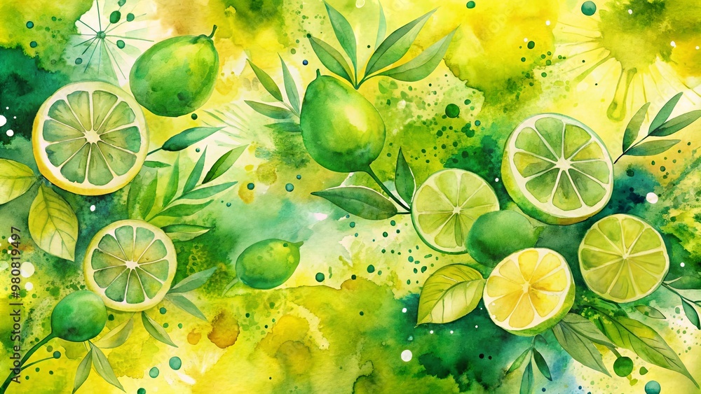 Poster vibrant lime and yellow hues blend in a unique watercolor abstract design, creating a refreshing and