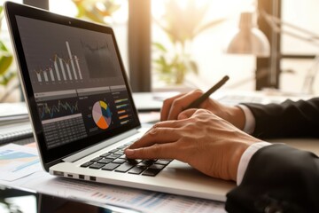 Businessman working on a laptop with financial charts and graphs on screen. Office workspace with data analysis.