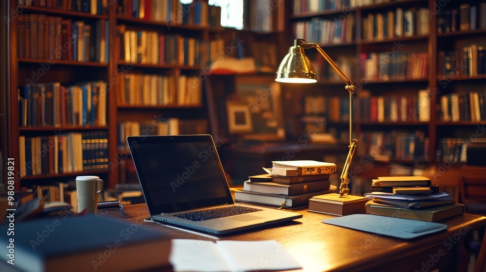 Aufkleber create an image of a digital nomad working in a quiet library, surrounded by books and academic mate