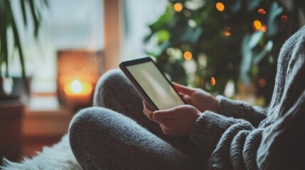 A person using guided meditation on a tablet, sitting comfortably in a quiet room, practicing stress relief techniques.