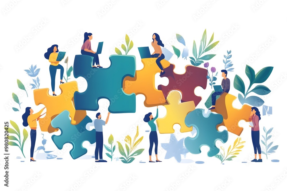 Poster finding solutions through teamwork and partnership collaborative puzzle concept for enterprise