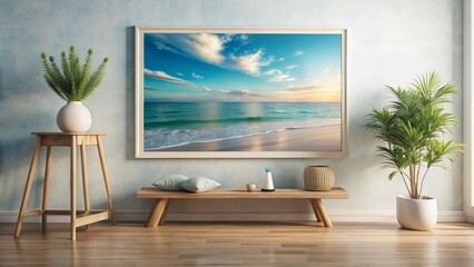 Fototapeta premium Soothing seascape artwork in a minimalist frame harmoniously complements a serene, decluttered space, evoking feelings of calmness and relaxation in its understated elegance.
