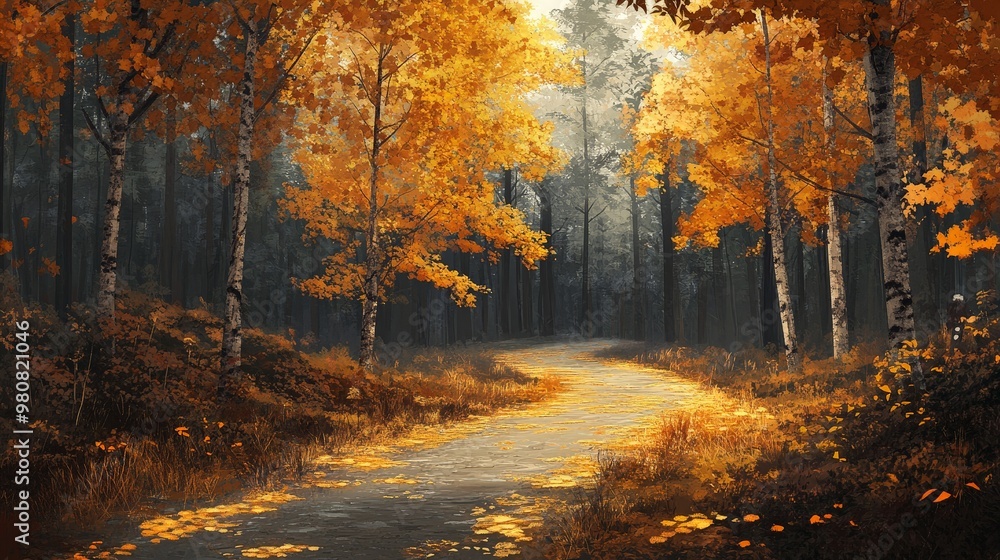 Poster depict a lone path winding through an autumn forest with trees shedding their golden leaves, creatin
