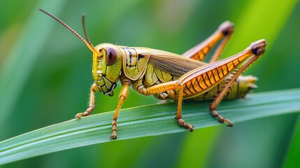 Fototapeta premium Close-up of a grasshopper on a blade of grass. Perfect for nature, wildlife, or insect-themed designs.