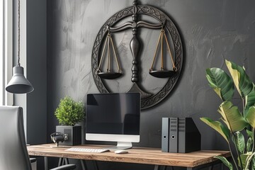 Modern workspace with scales of justice artwork, showcasing a sleek computer setup, greenery, and a stylish design in a legal-themed office
