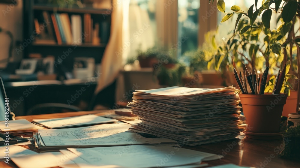 Poster depict a professor reviewing a stack of syllabi and preparing for the semester, with a calm and orga