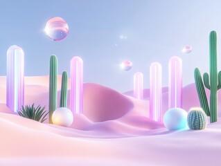 A surreal desert landscape featuring rainbow-colored sand dunes