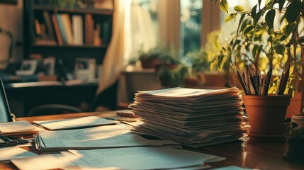 Depict a professor reviewing a stack of syllabi and preparing for the semester, with a calm and organized desk filled with teaching materials and notes.