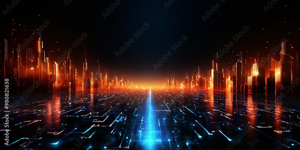 Poster a cityscape with a blue line running through it