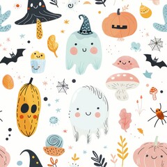 Soft pastel-colored Halloween characters like ghosts, pumpkins, and bats in a cheerful and whimsical hand-drawn style. Ideal for child-friendly seasonal designs