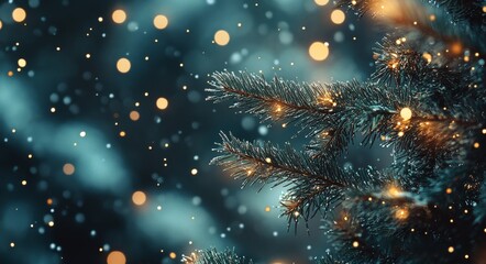 Fototapeta premium Delicate Christmas tree branch covered in frost with soft golden bokeh in a winter evening setting