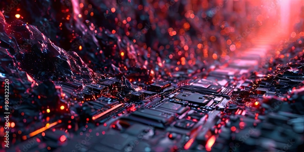 Poster A computer generated image of a city with a red and orange background