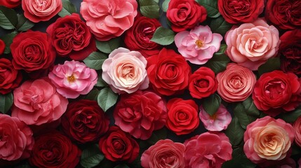 Naklejka premium A vibrant display of red and pink roses arranged beautifully on a dark background