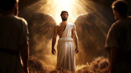 Angel announcing the birth of Jesus to shepherds in a field, with radiant light and a sense of awe, early morning mist 