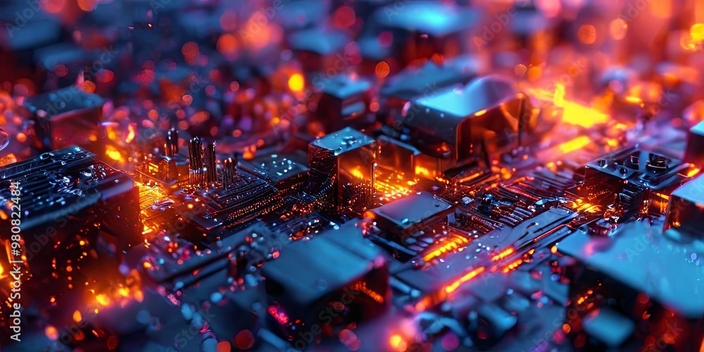Poster a computer chip is lit up with orange lights