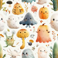 Halloween-themed creatures and plants with smiling faces in an adorable hand-drawn style, featuring pumpkins, mushrooms, and cute ghosts for a child-friendly Halloween design