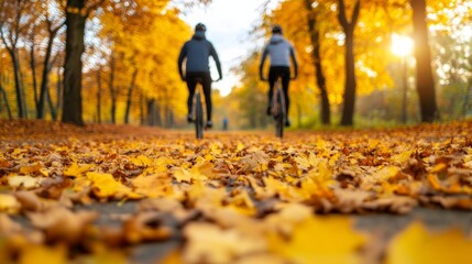 Autumn park path covered in leaves with cyclists passing by, vivid hues of orange and yellow all around 
