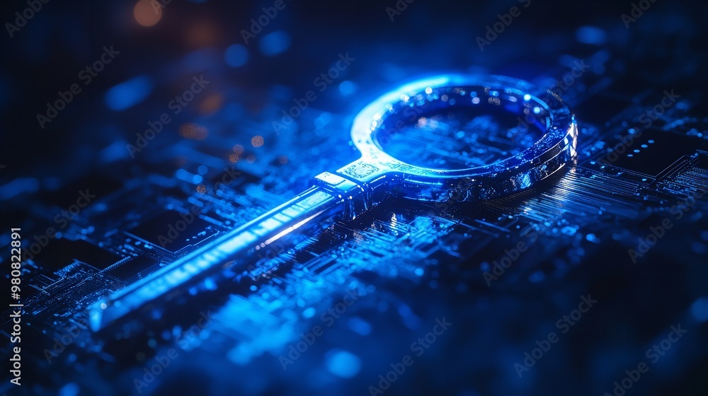 Poster orange holographic key icon on flat glowing futuristic circuit board background. neural network gene